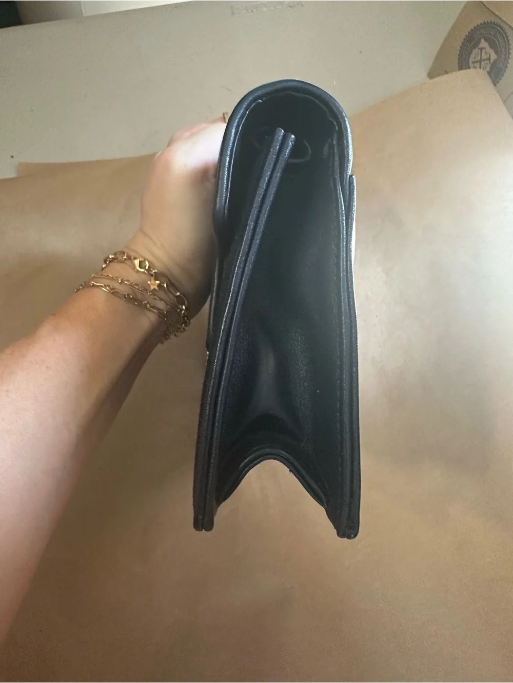 AERIN Black Leather Clutch with Tan Suede Interior
